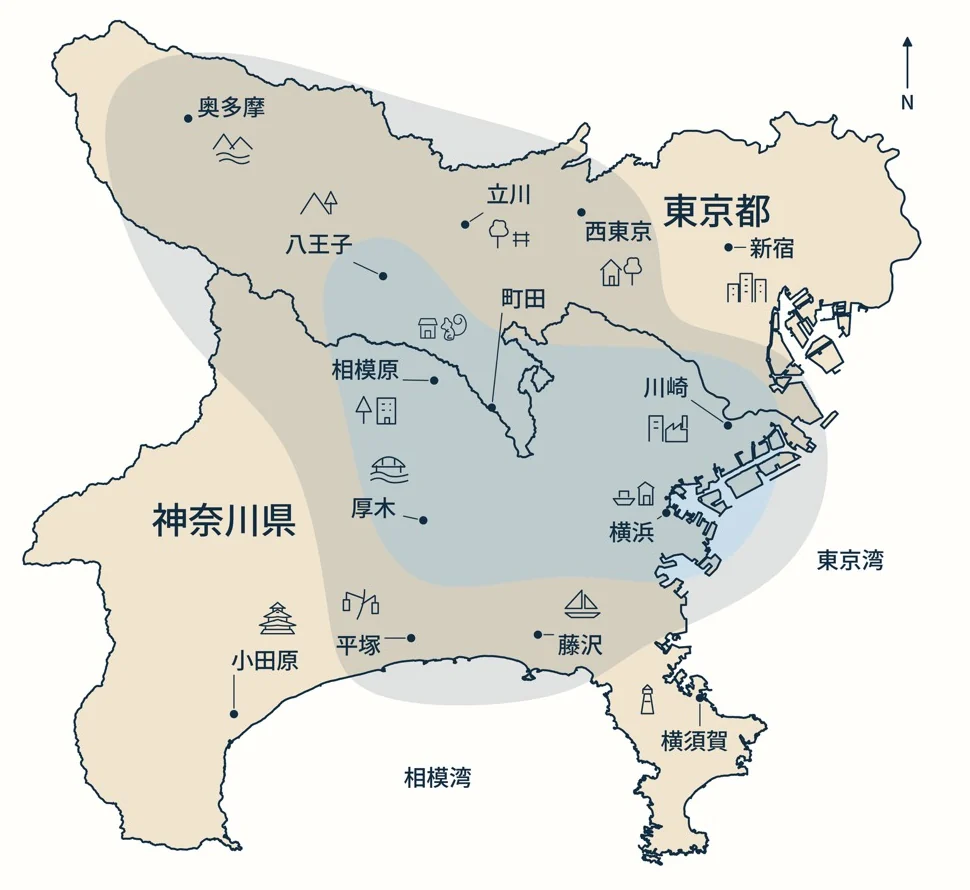 対応エリアの地図。町田・相模原・八王子を中心に、立川・川崎・横浜・平塚まで